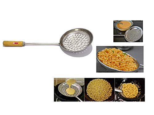  Kitchen Expert Steel Boondi Jhara | Boondi Laddu Maker | Strainer with Wooden HandleSteel Poni (43x16 cm)