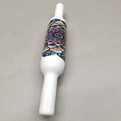 KUVI Printed Wooden Belan Enamel Print Belan Rolling Pin for Kitchen Chapati Roti Roller Rolling Pin (Blue Floral)