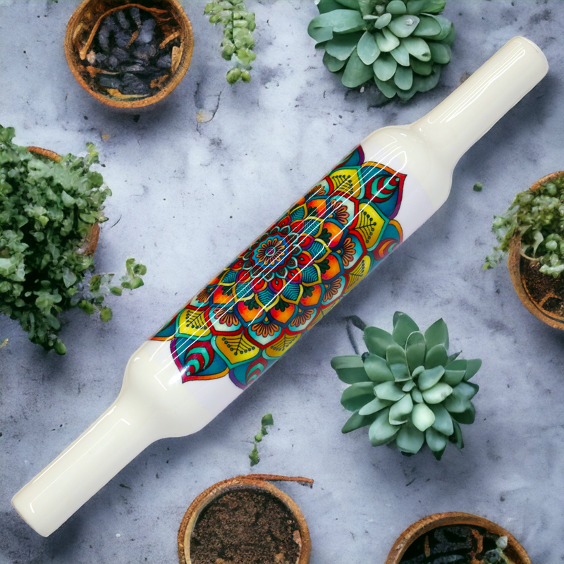 KUVI Printed White Marble Roti Maker with Wooden Belan Enamel Print/White Marble Chakla 10 Inch Diameter with Belan (Hara Mondal)